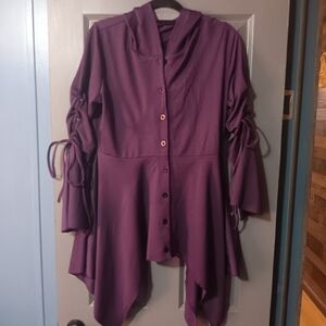 Purple Longline Button-Front Women's Hoodie Top with Drawstring Sleeves